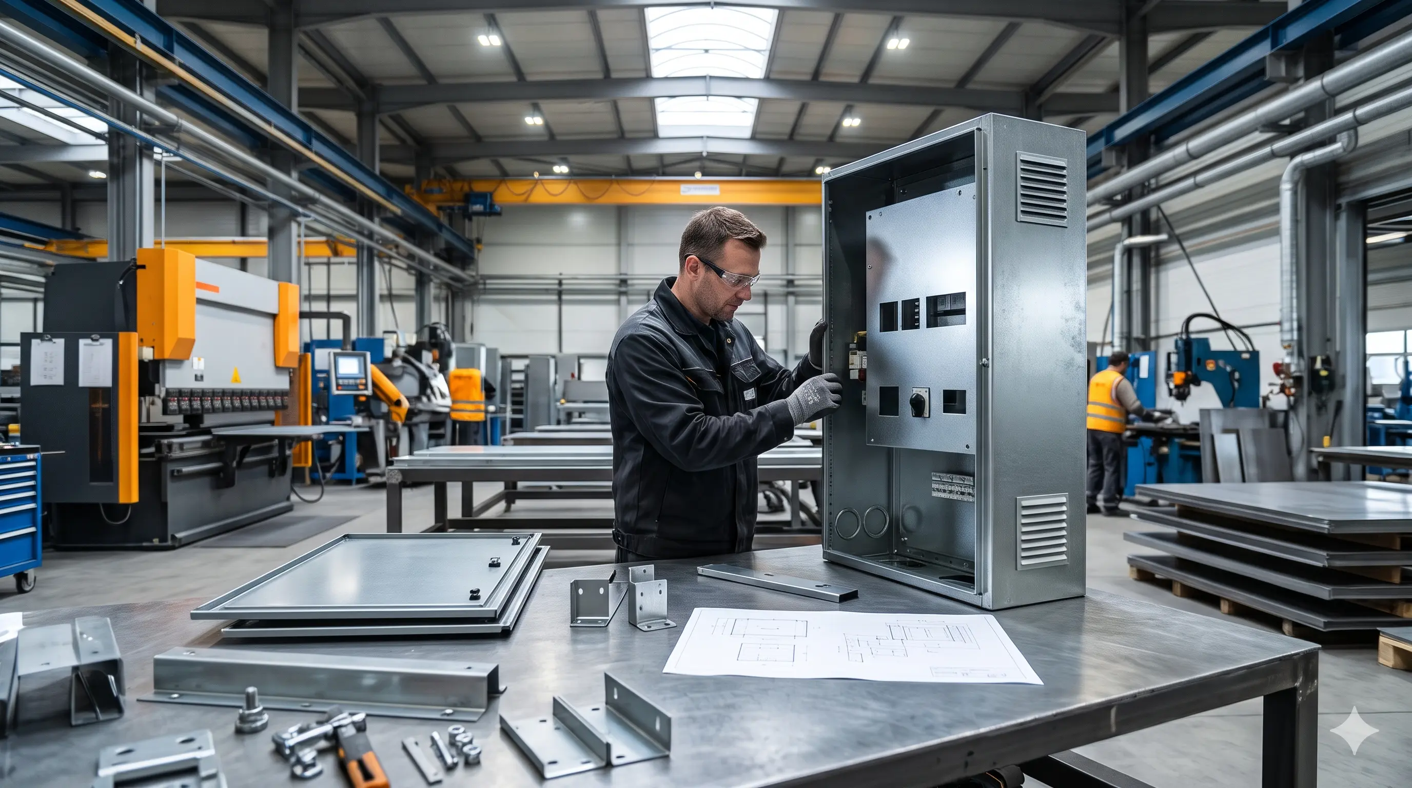 A fabrication technician inspecting a custom-designed, laser-cut sheet metal electrical panel enclosure on a workshop workbench.